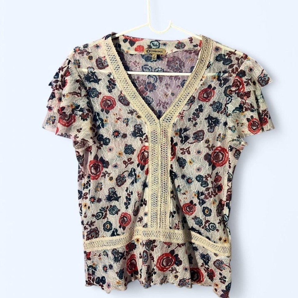 multicolored floral lace see through blouse size small